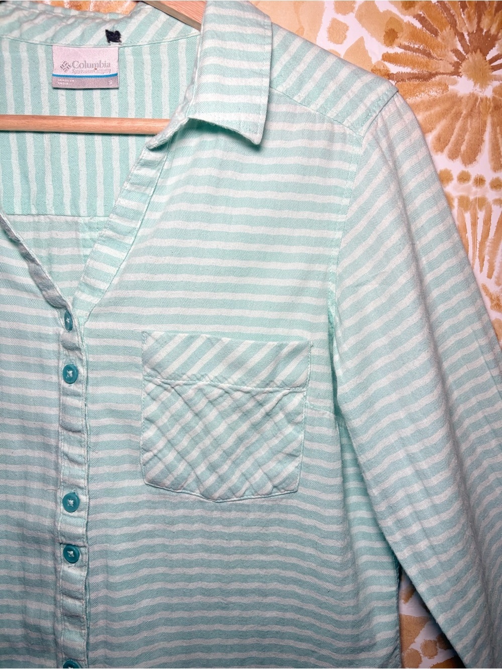 Columbia Women's Mint Green Striped Button-Down Shirt | Roll-Tab Sleeves - Picture 6 of 13